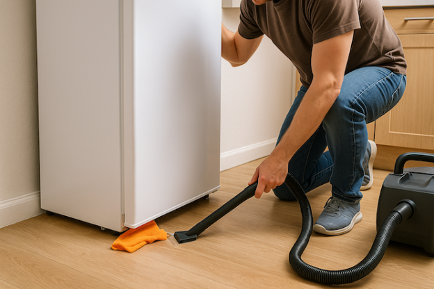 Person drar fram kylskåp och rengör bakom vitvaror med dammsugare och trasa – noggrann flyttstädning för att ta bort damm, smuts och fett som samlats under lång tid